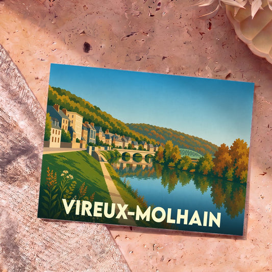 Carte postale souvenir de la ville de Vireux-Molhain illustrant les bords de la Meuse avec un style graphique épuré.