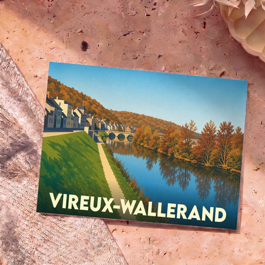 Carte postale souvenir de la ville de Vireux-Wallerand avec une illustration stylisée des bords de la Meuse en automne.