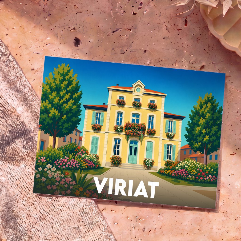 Carte postale souvenir de la ville de Viriat avec une illustration colorée et fleurie de sa mairie.
