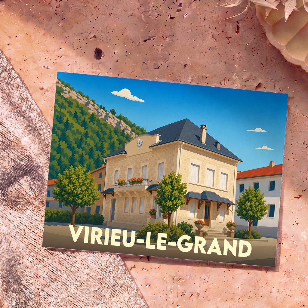 Carte postale souvenir de la ville de Virieu-le-Grand avec une illustration stylisée de sa mairie.