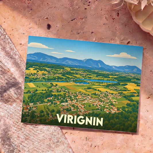 Carte postale souvenir de la ville de Virignin illustrant un paysage de campagne et de montagnes dans un style graphique épuré.