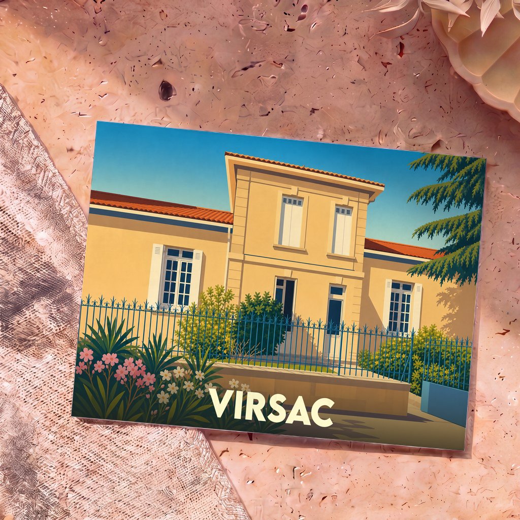 Carte postale souvenir de la ville de Virsac avec une illustration stylisée d'une maison de maître ensoleillée.