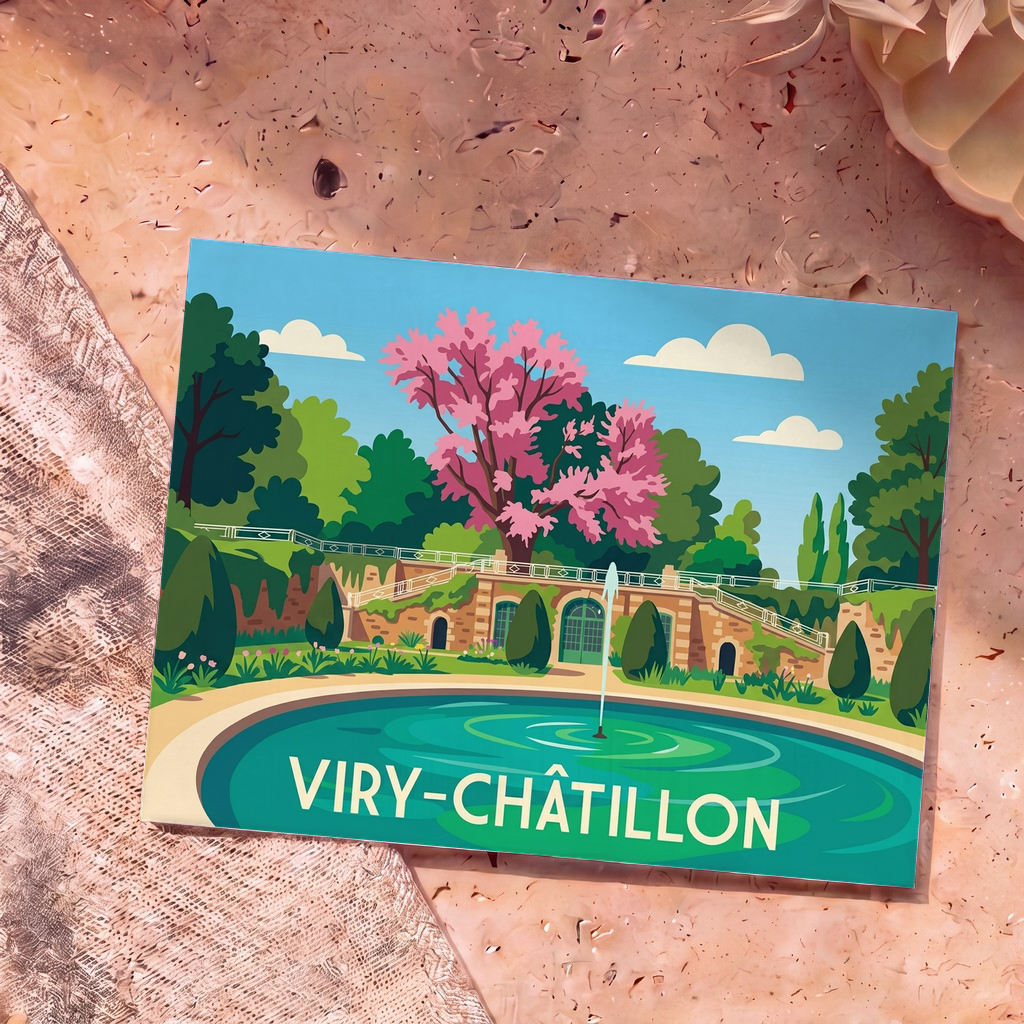 Carte postale souvenir de la ville de Viry-Châtillon avec une illustration stylisée de son nymphée.