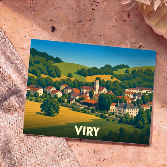 Carte postale souvenir de la ville de Viry avec une illustration stylisée et colorée d'un village vallonné.