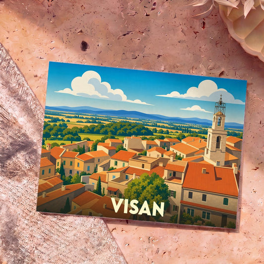 Carte postale souvenir de la ville de Visan avec une illustration stylisée de ses toits provençaux.