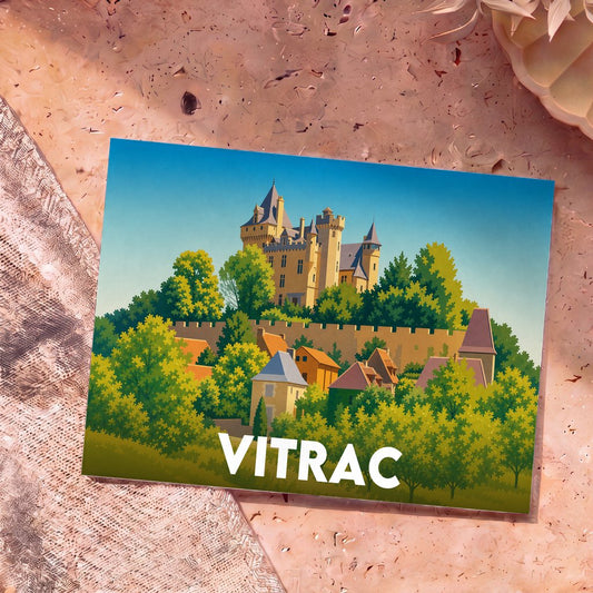 Carte postale souvenir de la ville de Vitrac ornée d'une illustration stylisée de son château et de ses maisons.