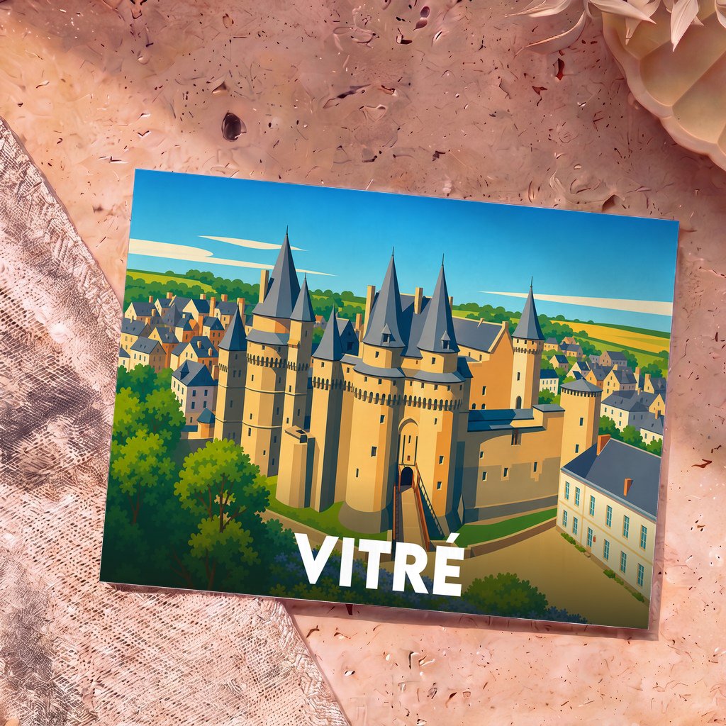 Carte postale souvenir de la ville de Vitré avec une illustration stylisée de son château médiéval.