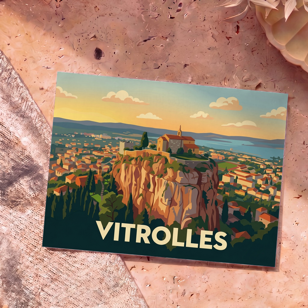 Carte postale souvenir de la ville de Vitrolles avec une illustration stylisée du rocher et de sa chapelle.