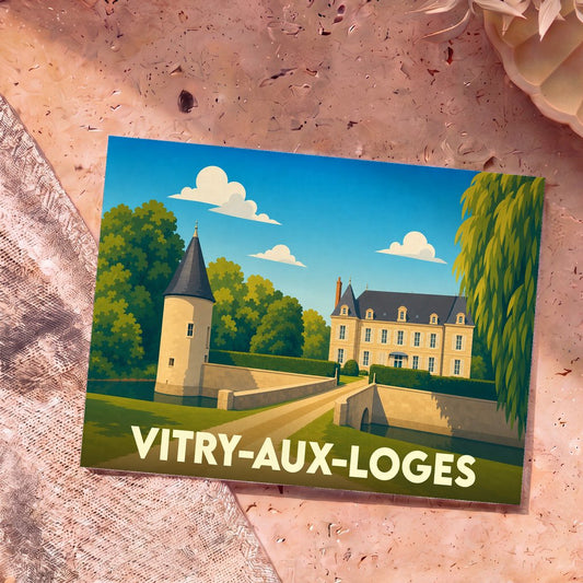 Carte postale souvenir de la ville de Vitry-aux-Loges avec une illustration stylisée de son château.