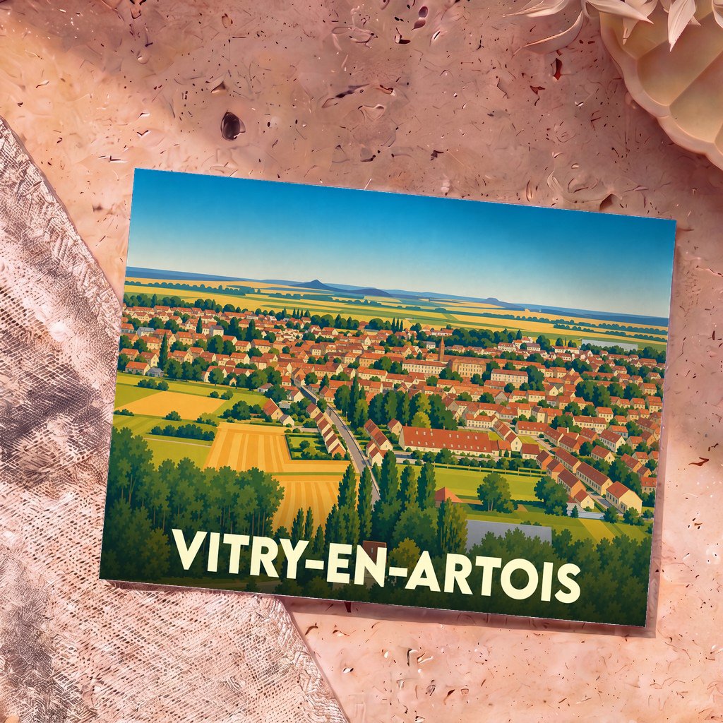 Carte postale souvenir de la ville de Vitry-en-Artois avec une illustration panoramique stylisée.