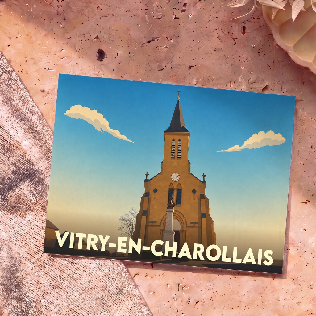 Carte postale souvenir de la ville de Vitry-en-Charollais avec une illustration stylisée de son église.