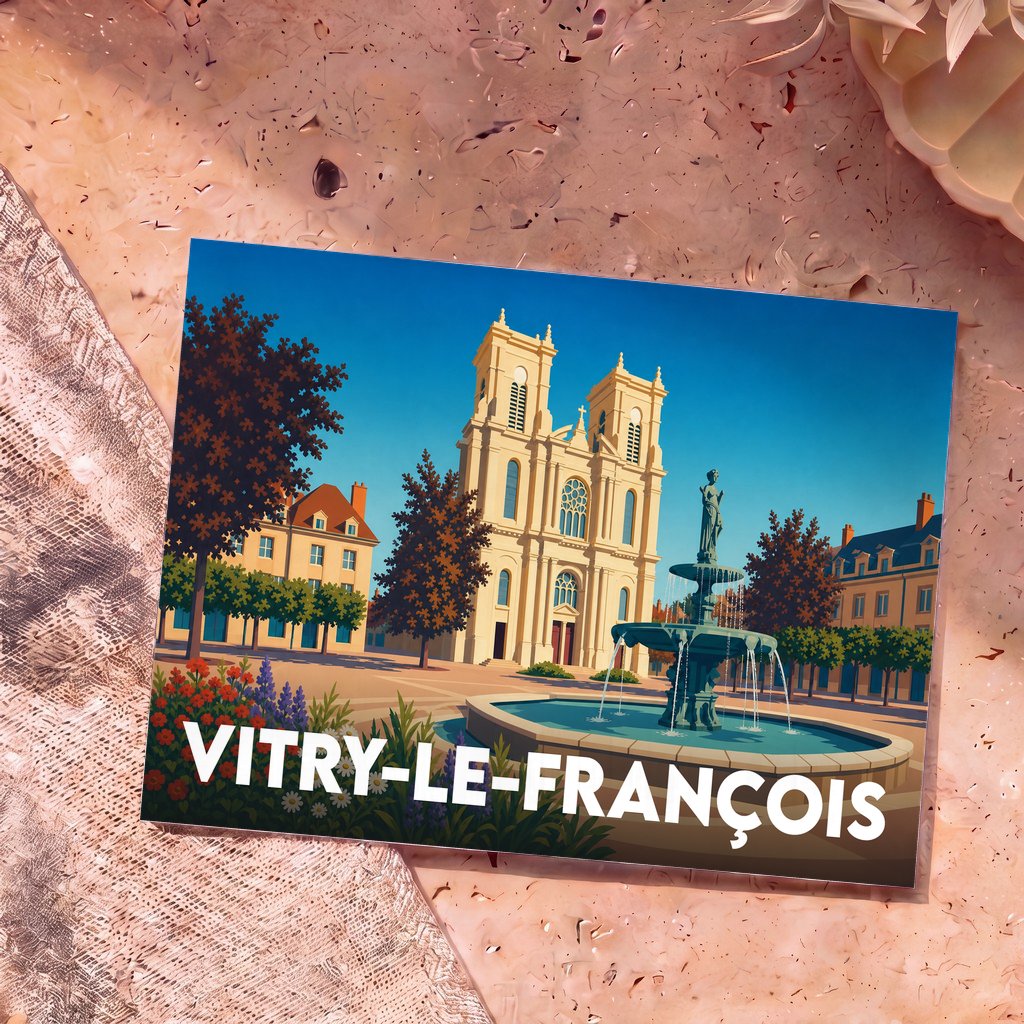 Carte postale souvenir de la ville de Vitry-le-François illustrant sa place centrale et sa collégiale avec un style graphique moderne.