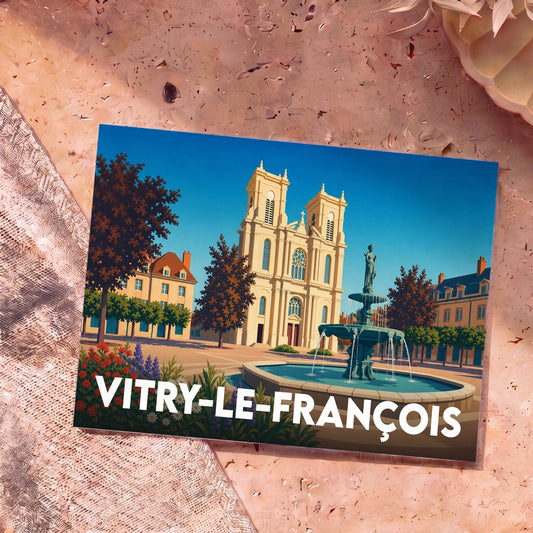 Carte postale souvenir de la ville de Vitry-le-François illustrant sa place centrale et sa collégiale avec un style graphique moderne.