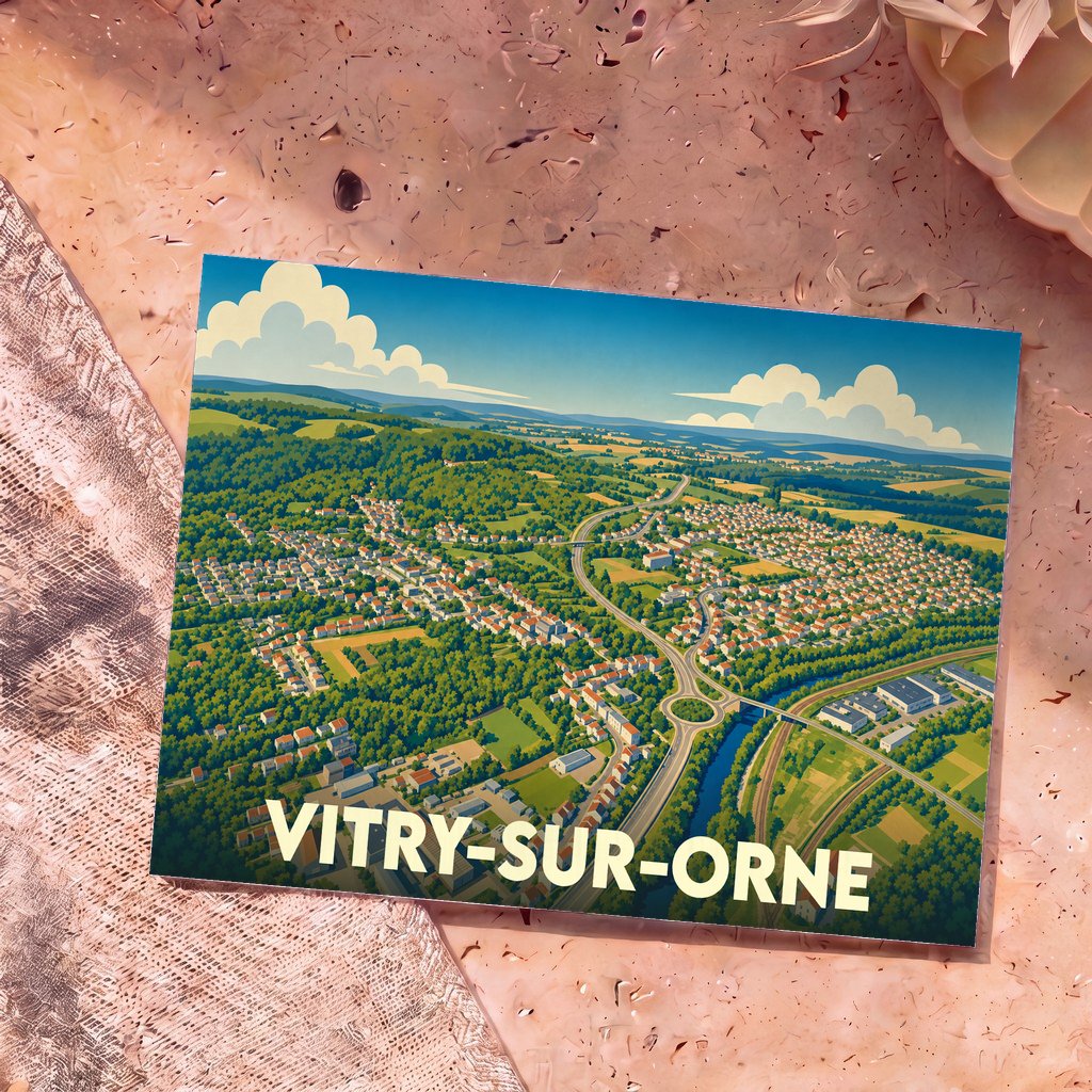 Carte postale souvenir de la ville de Vitry-sur-Orne avec une illustration aérienne colorée et stylisée.