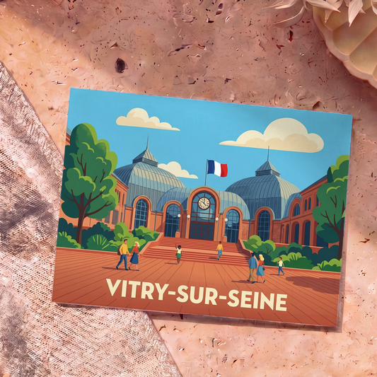 Carte postale souvenir de la ville de Vitry-sur-Seine avec une illustration colorée et stylisée de son architecture.