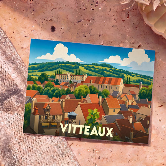 Carte postale souvenir de la ville de Vitteaux avec une illustration stylisée.