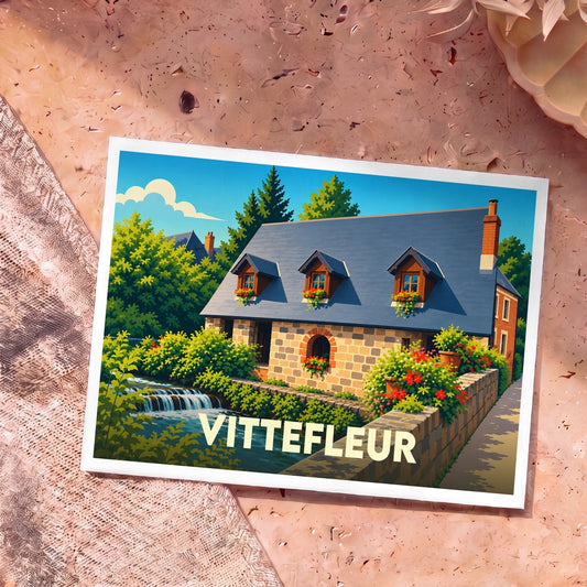 Carte postale souvenir de la ville de Vittefleur avec une illustration stylisée d'une maison en pierre au bord de l'eau.