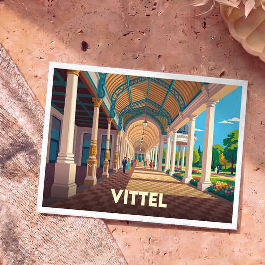 Carte postale souvenir de la ville de Vittel avec une illustration stylisée de son architecture thermale.