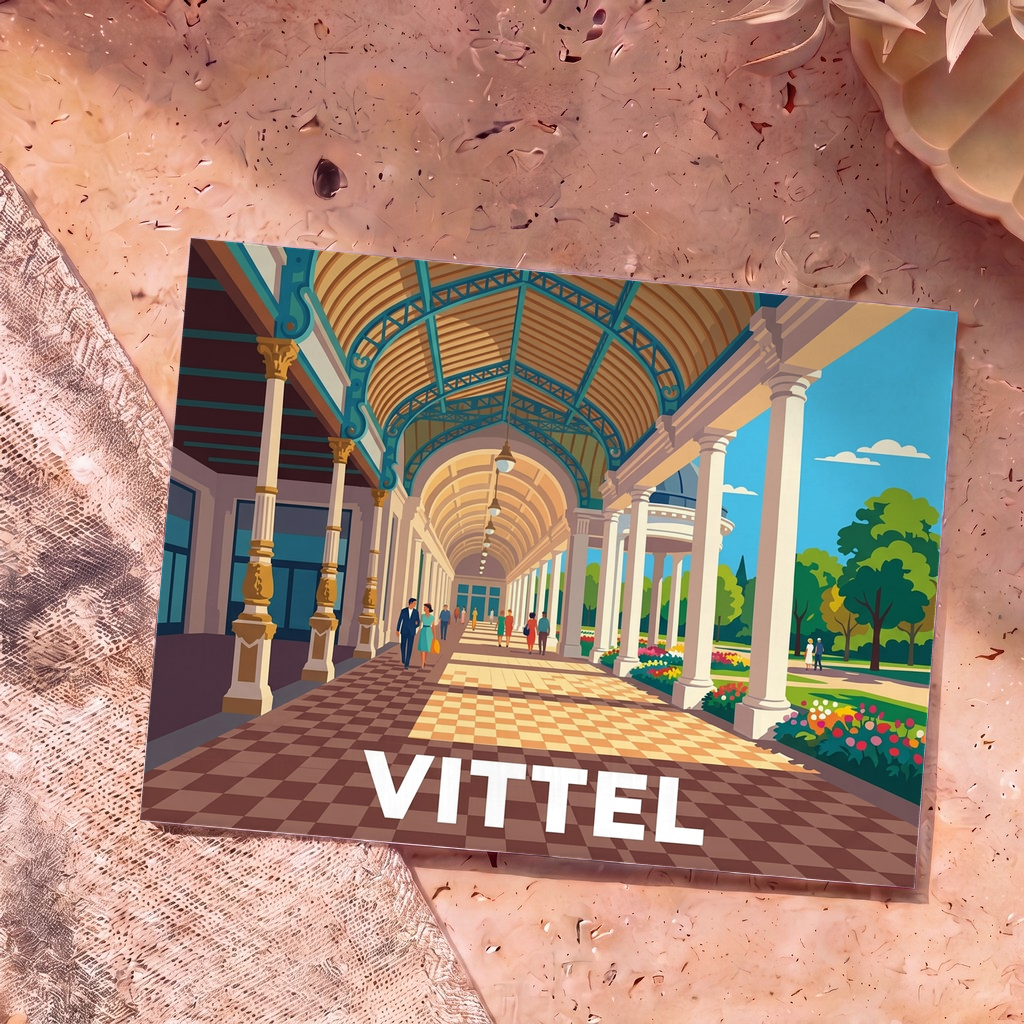 Carte postale souvenir de la ville de Vittel avec une illustration stylisée de son architecture thermale.