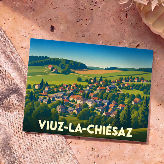 Carte postale souvenir de la ville de Viuz-la-Chiésaz avec une illustration stylisée de son paysage vallonné.