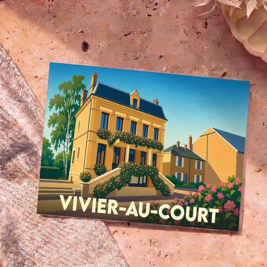 Carte postale souvenir de la ville de Vivier-au-Court avec une illustration stylisée d'une grande demeure fleurie.