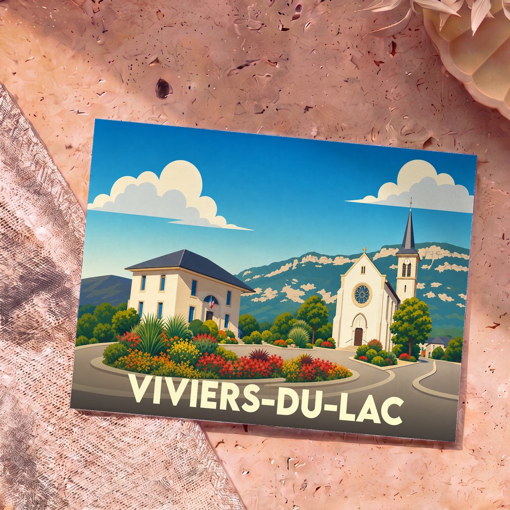 Carte postale souvenir de la ville de Viviers-du-Lac avec une illustration colorée et stylisée de ses monuments.