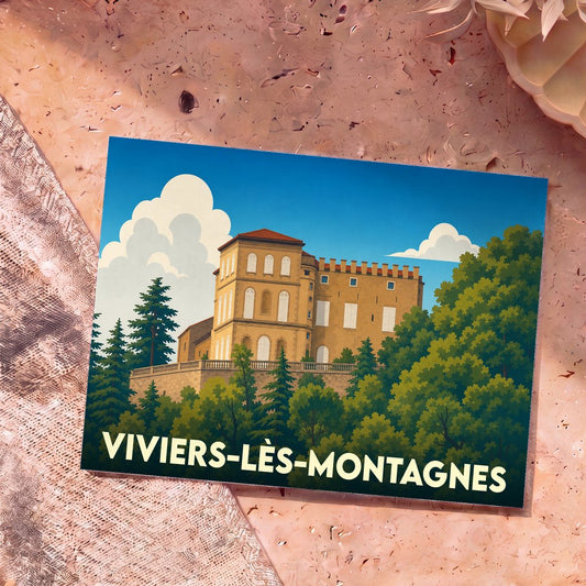 Carte postale souvenir de la ville de Viviers-lès-Montagnes avec une illustration stylisée de son château.