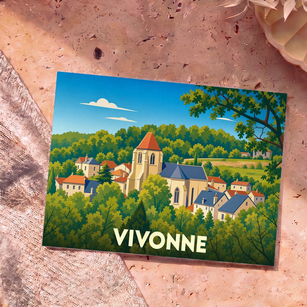 Carte postale souvenir de la ville de Vivonne avec une illustration stylisée d'un village niché dans la verdure.