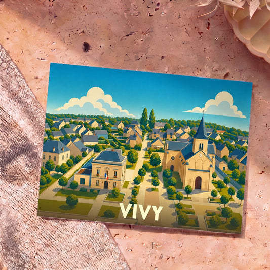 Carte postale souvenir de la ville de Vivy avec une illustration stylisée représentant son église et sa mairie.