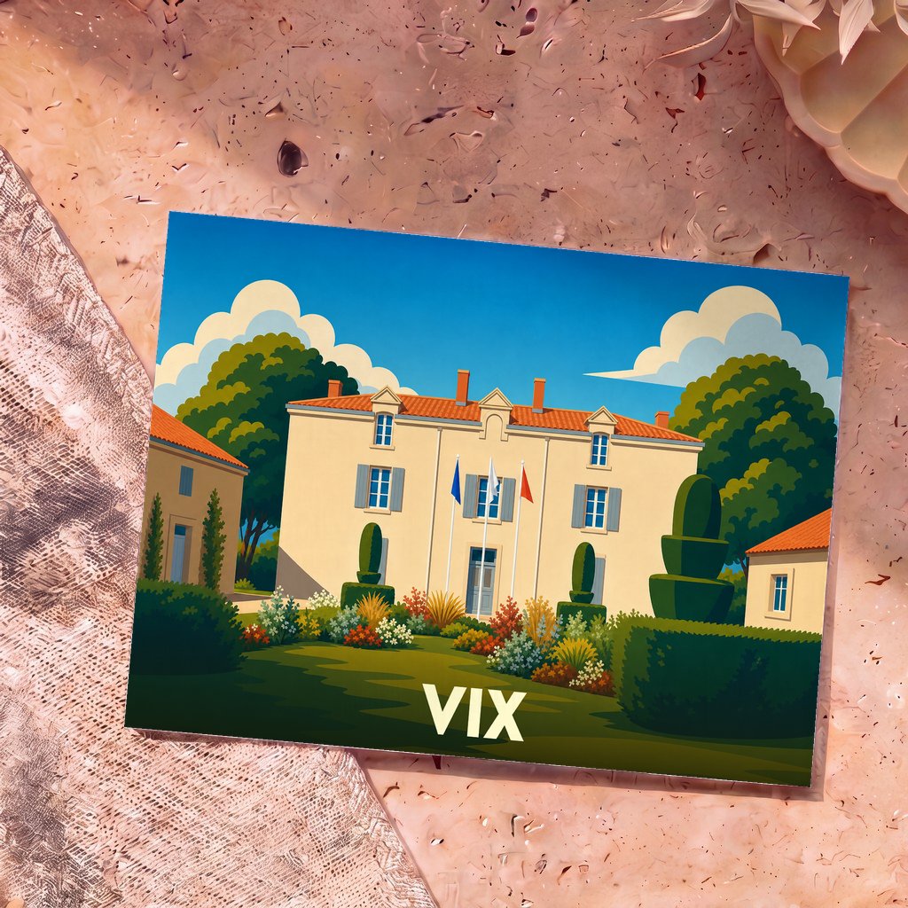 Carte postale souvenir de la ville de Vix avec une illustration stylisée de sa mairie et de ses jardins.
