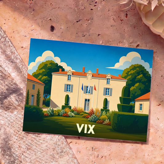Carte postale souvenir de la ville de Vix avec une illustration stylisée de sa mairie et de ses jardins.