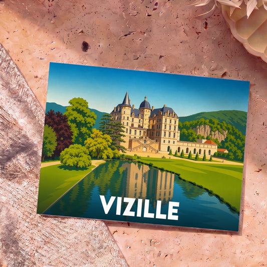 Carte postale souvenir de la ville de Vizille avec une illustration stylisée de son château et de son parc.