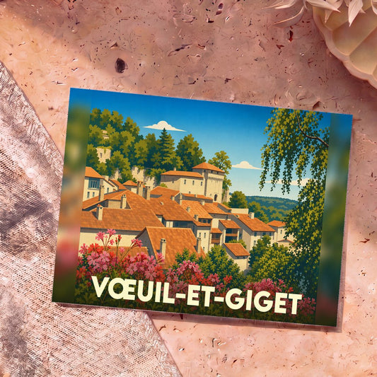 Carte postale souvenir de la ville de Vœuil-et-Giget avec une illustration stylisée de ses toits et de sa végétation.