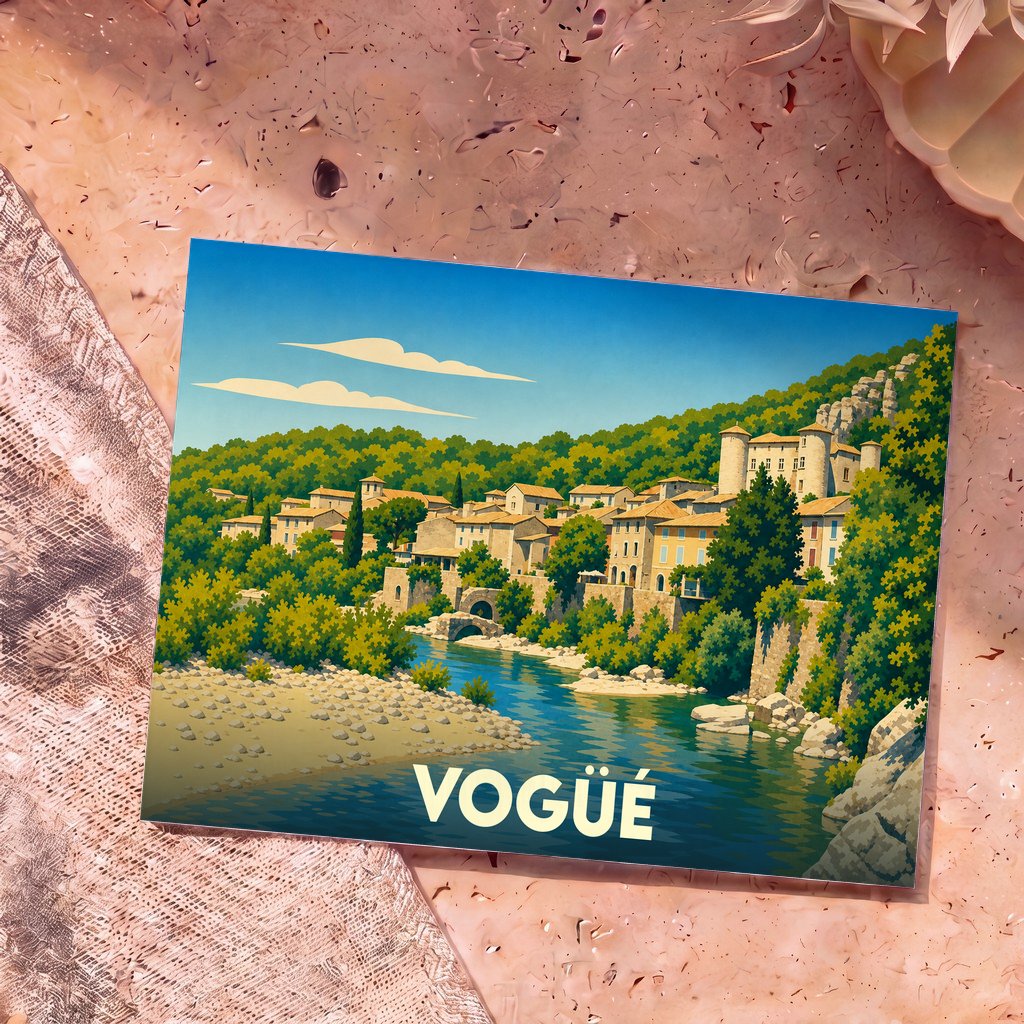 Carte postale souvenir de la ville de Vogüé avec une illustration stylisée.