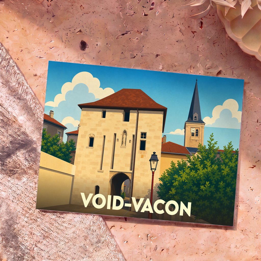 Carte postale souvenir de la ville de Void-Vacon avec une illustration stylisée de son patrimoine historique.