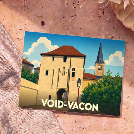 Carte postale souvenir de la ville de Void-Vacon avec une illustration stylisée de son patrimoine historique.