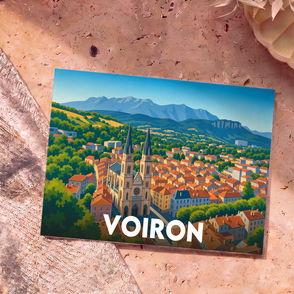 Carte postale souvenir de la ville de Voiron avec une illustration stylisée de son église et des montagnes environnantes.