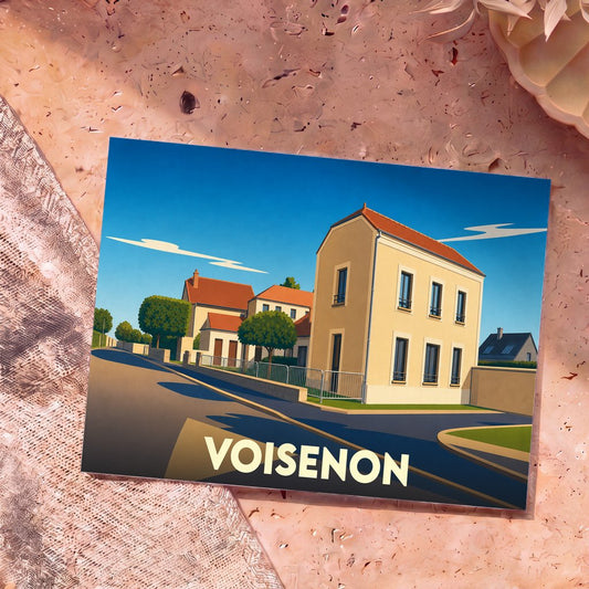 Carte postale souvenir de la ville de Voisenon avec une illustration stylisée de ses bâtiments.