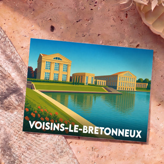 Carte postale souvenir de la ville de Voisins-le-Bretonneux avec une illustration stylisée de ses bâtiments et d'un plan d'eau.