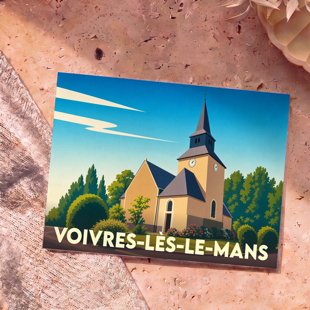Carte postale souvenir de la ville de Voivres-lès-le-Mans avec une illustration stylisée de son église.