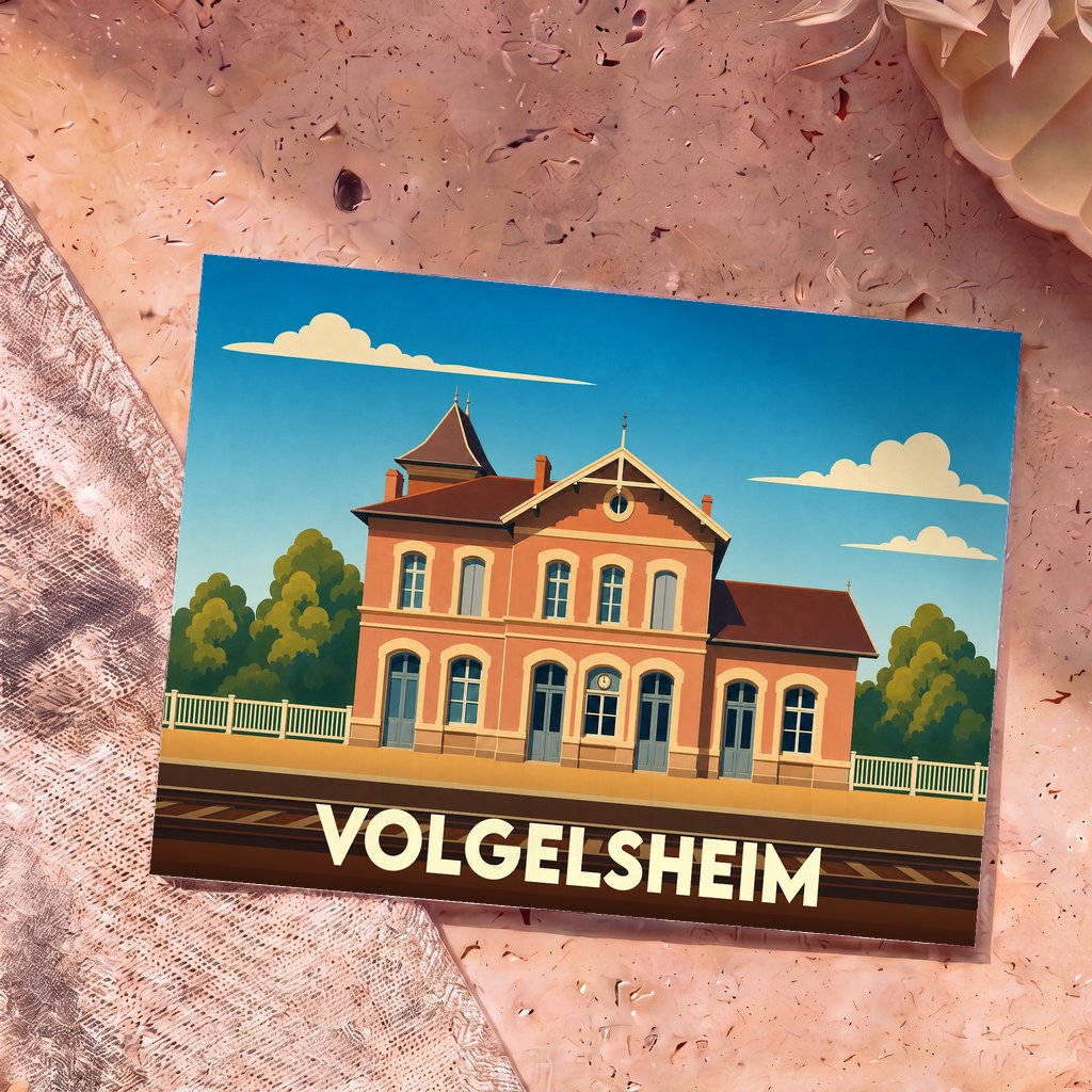 Carte postale souvenir de la ville de Volgelsheim illustrant sa gare dans un style vintage épuré.