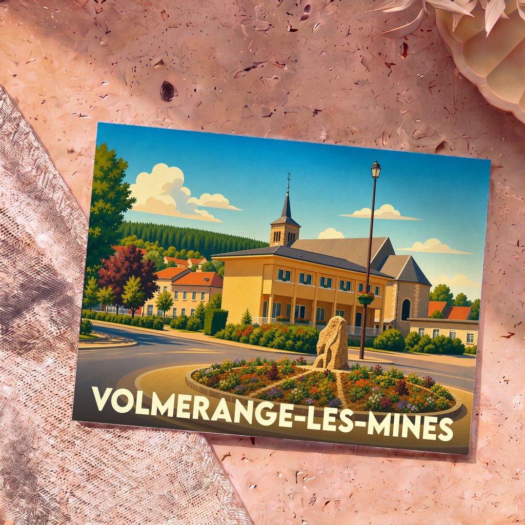Carte postale souvenir de Volmerange-les-Mines illustrant l'église et la mairie dans un style graphique épuré.