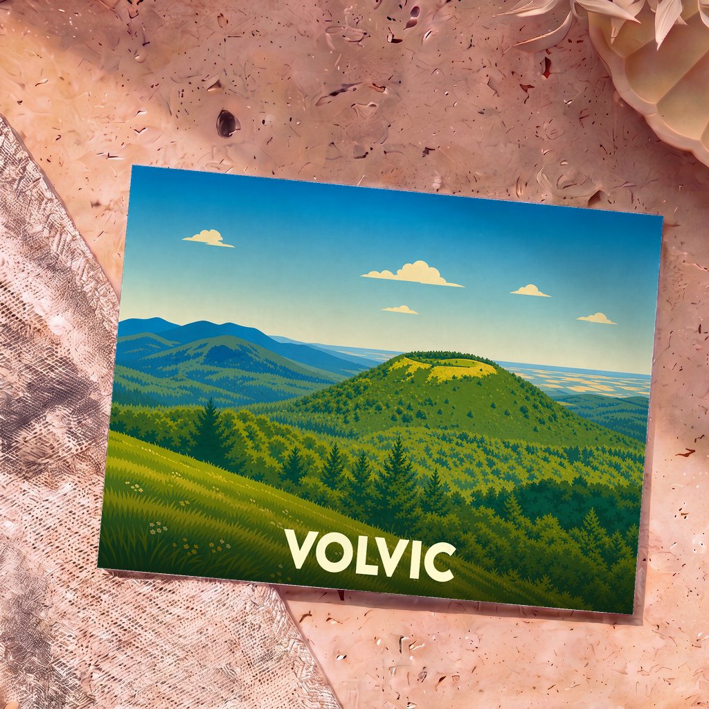 Carte postale souvenir de la ville de Volvic illustrant ses paysages volcaniques verdoyants dans un style graphique épuré.