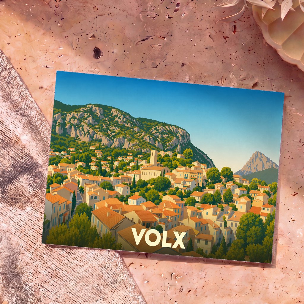 Carte postale souvenir de la ville de Volx avec une illustration stylisée d'un village provençal au pied d'une montagne.
