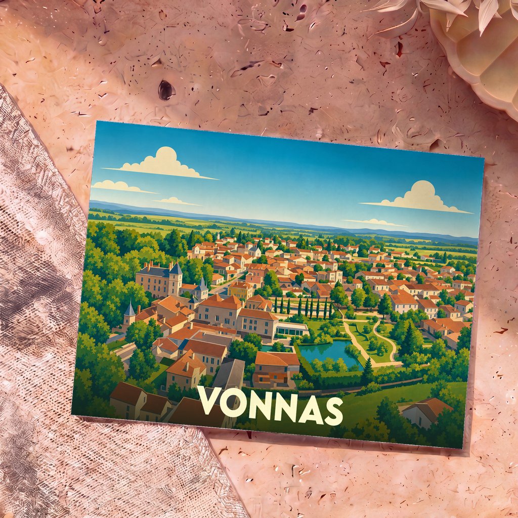 Carte postale souvenir de la ville de Vonnas avec une illustration stylisée et colorée.