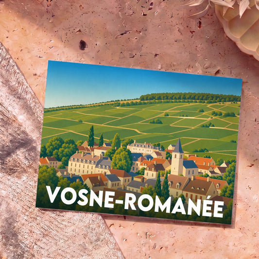 Carte postale souvenir de la ville de Vosne-Romanée avec une illustration stylisée de ses vignobles et de son village.