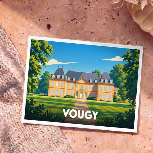 Carte postale souvenir de la ville de Vougy représentant son château dans un style illustré et coloré.