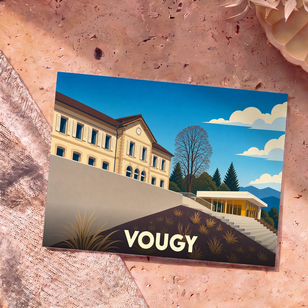 Carte postale souvenir de la ville de Vougy avec une illustration stylisée de ses bâtiments sous un ciel bleu.