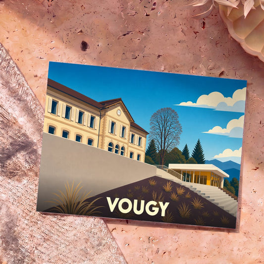 Carte postale souvenir de la ville de Vougy avec une illustration stylisée de ses bâtiments sous un ciel bleu.