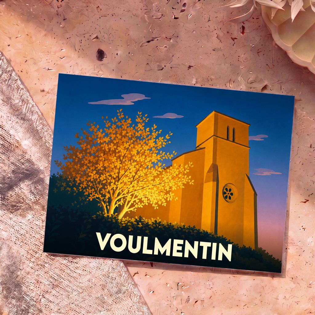 Carte postale souvenir de la ville de Voulmentin avec une illustration stylisée d'une église et d'un arbre doré au coucher du soleil.